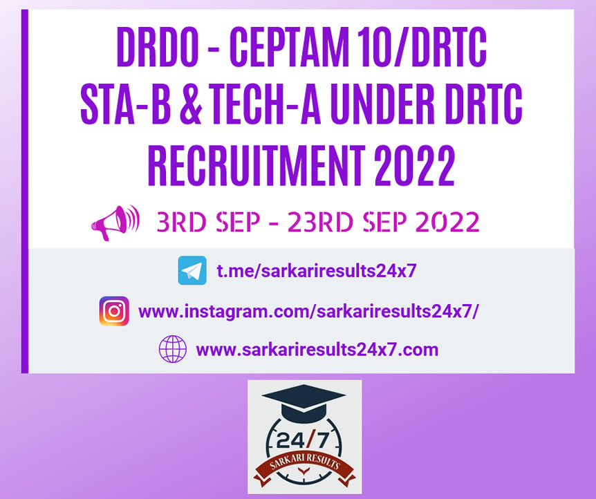 DRDO CEPTAM 10-DRTC - Senior Technical Assistant-B (STA-B) and Technician-A (Tech-A) Recruitment 2022